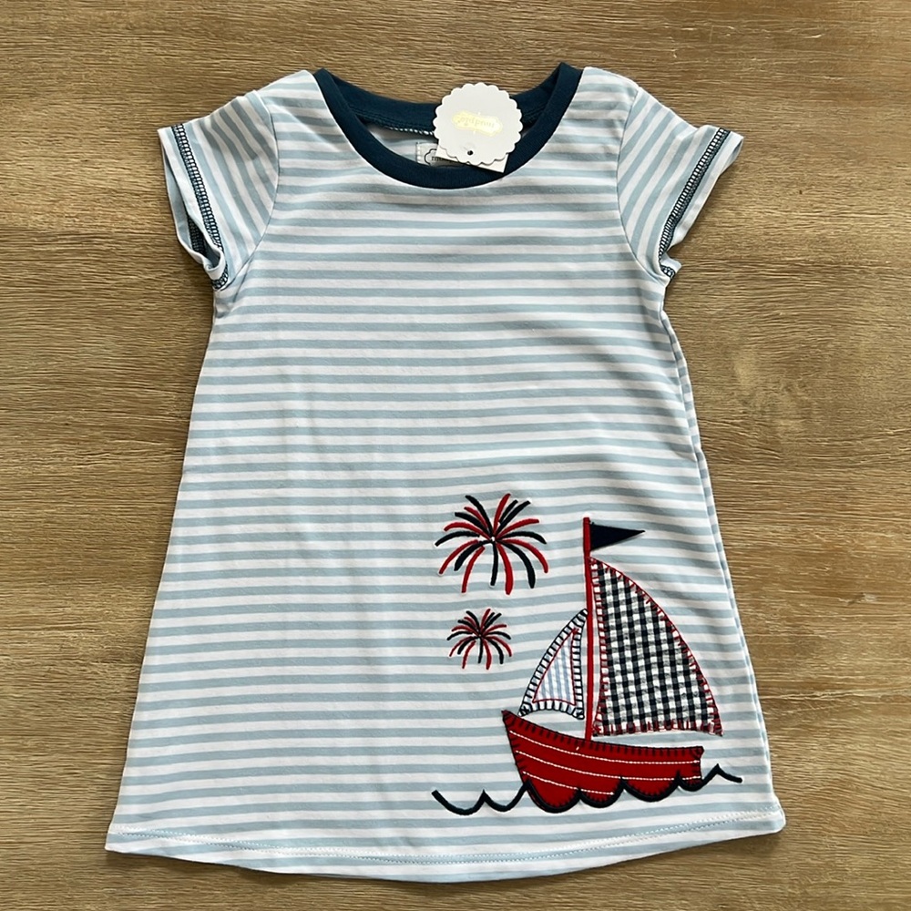 Mud Pie Girl Cotton Sailboat T Shirt Dress Americana Gingham 12-18 months